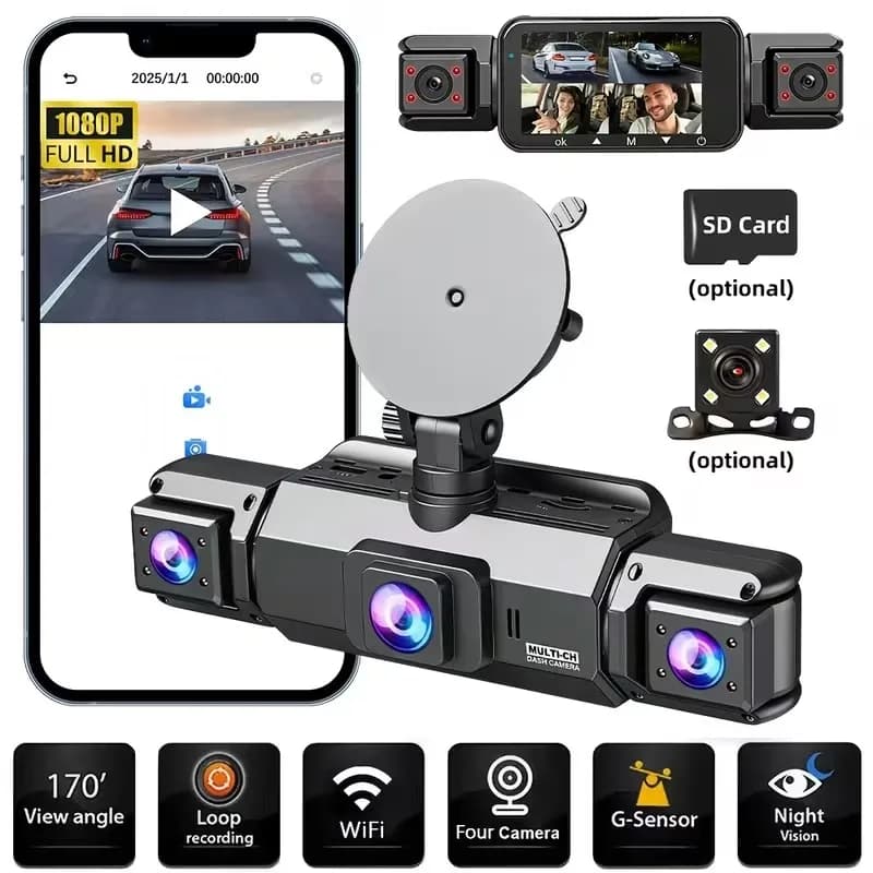 FHD 1080P 3/4-Channel 360° Dash Cam, WiFi, IR Night Vision, Loop Recording, IPS Screen, 150mAh Battery, 12-24V