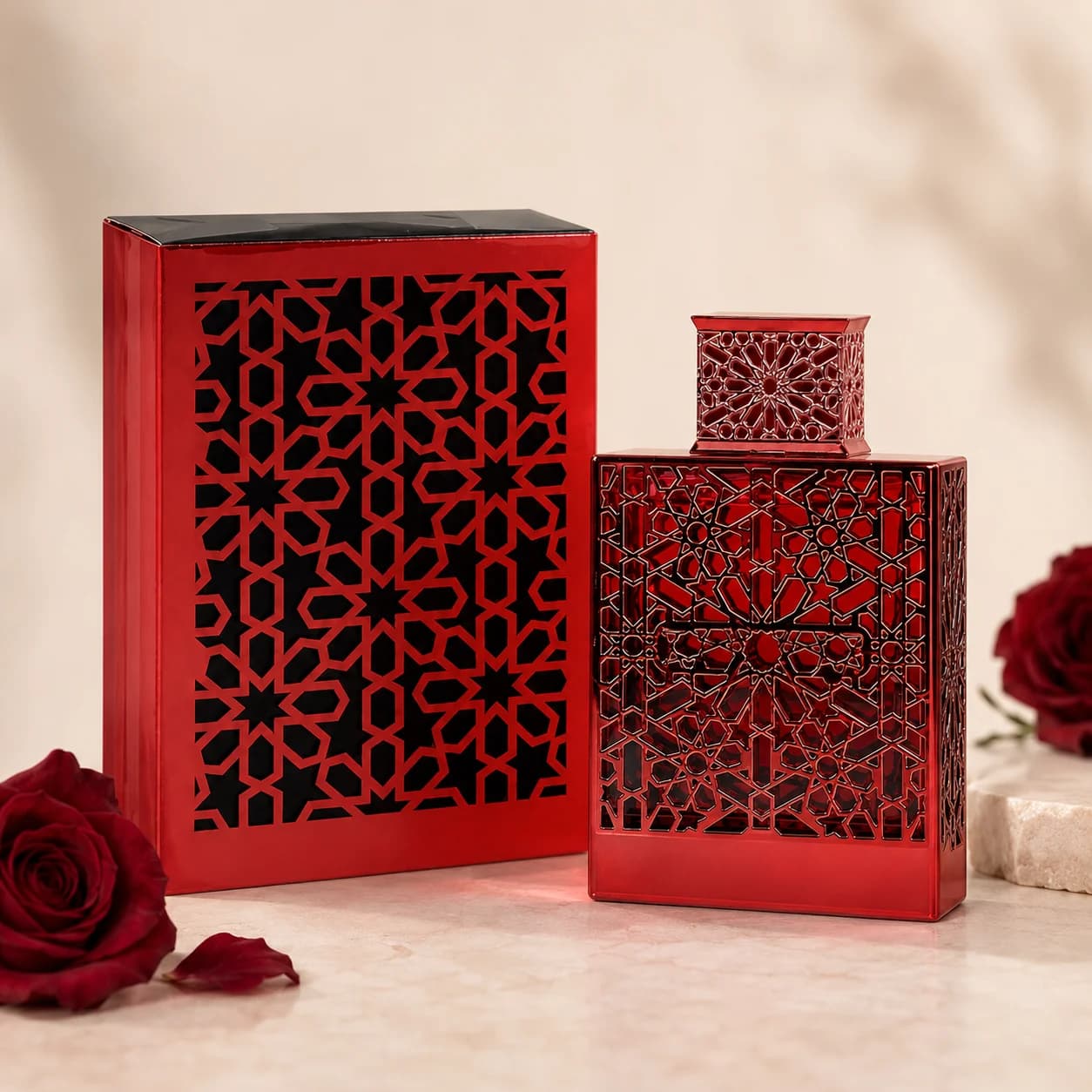 Rayhaan Crimson Red Hollow Carved Geometric Metal Bottle Men Perfume Luxury Arabian Oriental Eau De Toilette Long Lasting Fragrance Mens Cologne Gift Set For Male