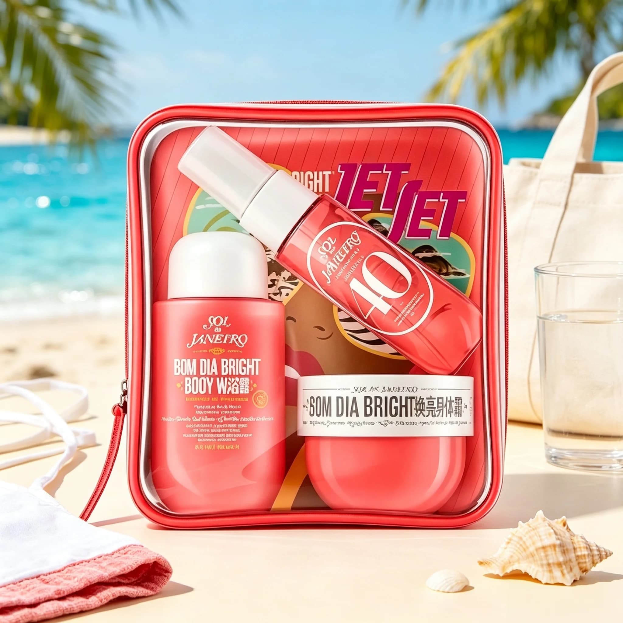 Sol de Janeiro Delicia Drench Body Care Travel Gift Set: A purple, transparent zippered cosmetic bag containing nourishing shower oil, No. 59 fragrance spray, and a mini skincare set with a long-lasting, warm vanilla-sandalwood scent for deep repair and h