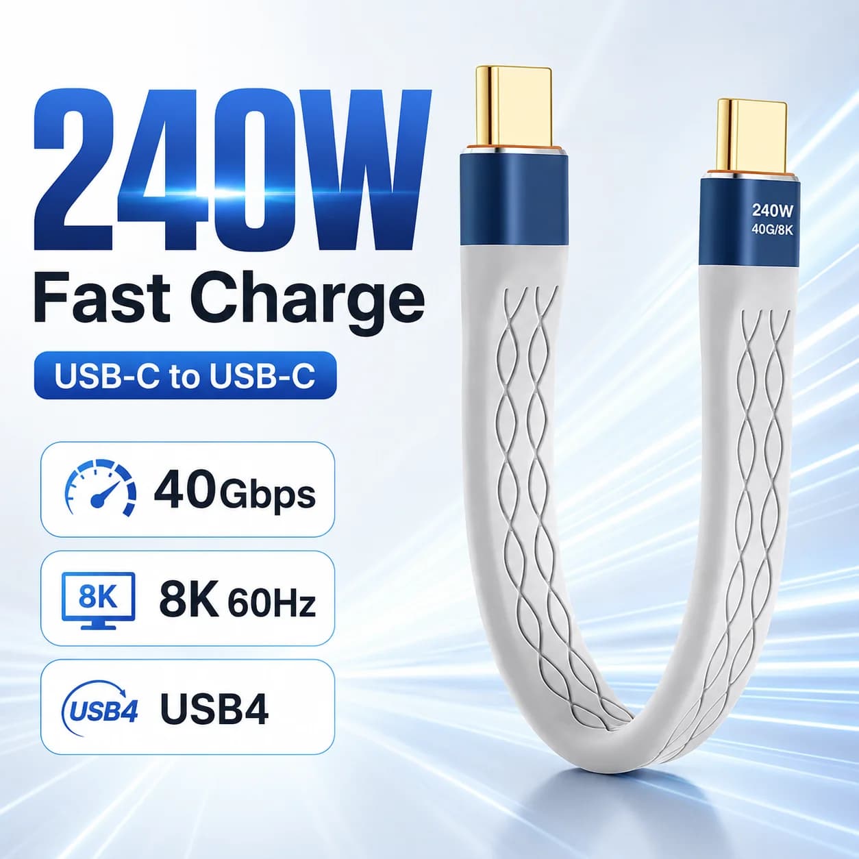USB4 Short USB-C to USB-C Cable 40Gbps Data Transfer PD 240W Fast Charging 8K 60Hz Type-C Cord for Laptop SSD Power Bank