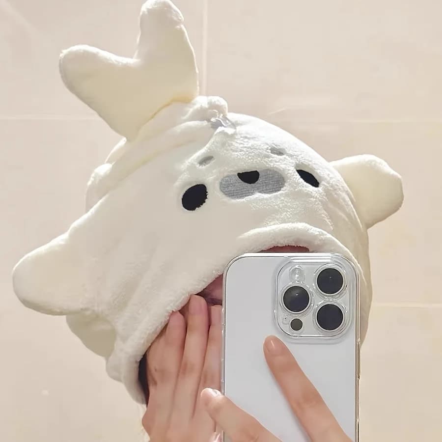 Cute Baby Seal Hair Dryer Cap, Coral Fleece Super Absorbent Quick-Drying Non-Shedding Hair Towel, Home Use Hair Cap Headscarf