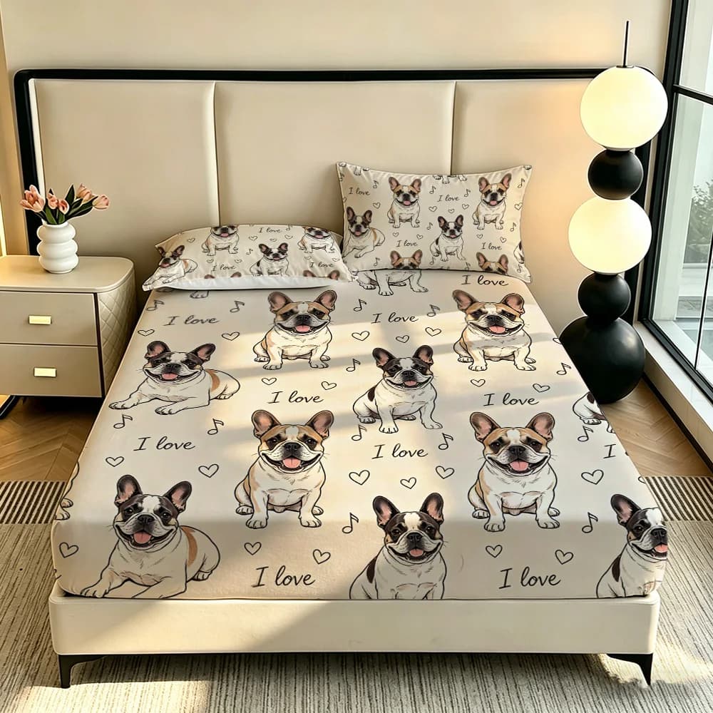 3pcs cute dog Printed Chipless Bed Sheet Set with Multiple Sizes Soft Bed Cover Bedroom Bedding Decorations Gifts