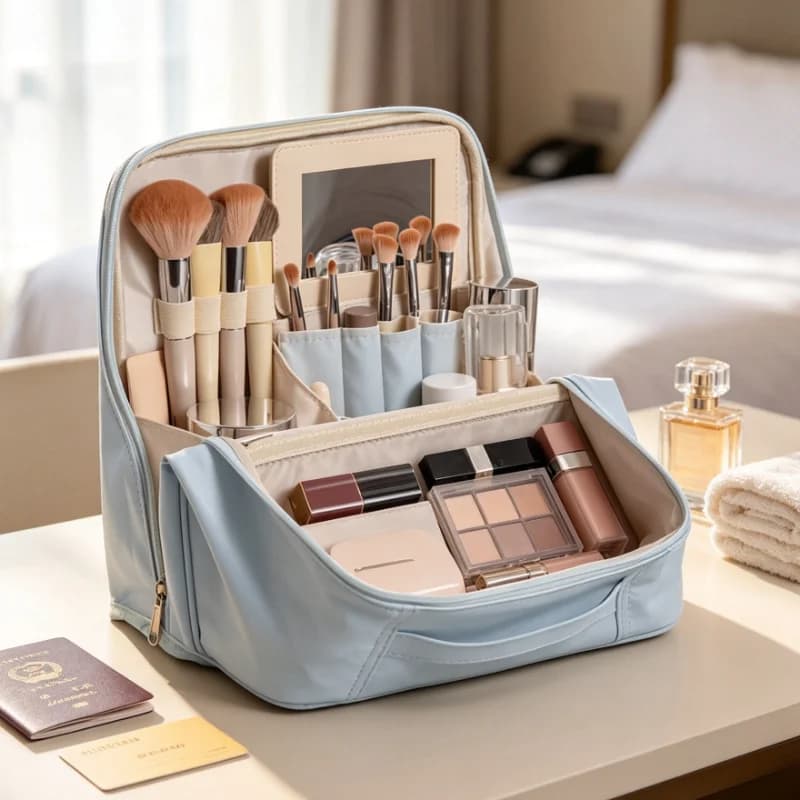 Large Standing Makeup Bag with Mirror, Waterproof Travel Toiletry Organizer, Portable Cosmetic Brush Storage Case for Women