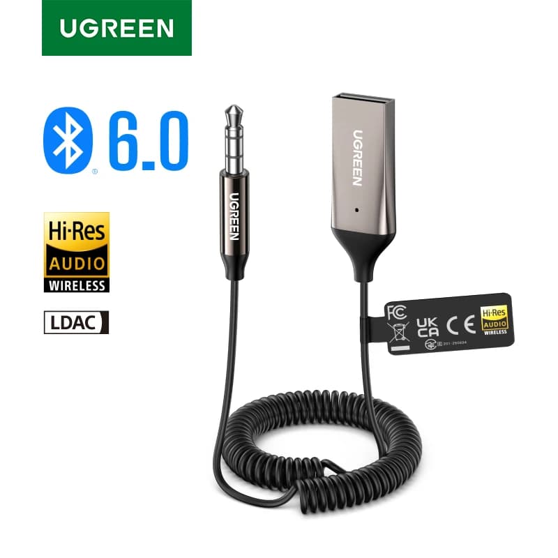 UGREEN Bluetooth 6.0 5.4  Aux Wireless Car Bluetooth USB to 3.5mm Jack Audio Mic Handsfree Adapter for Car Speaker