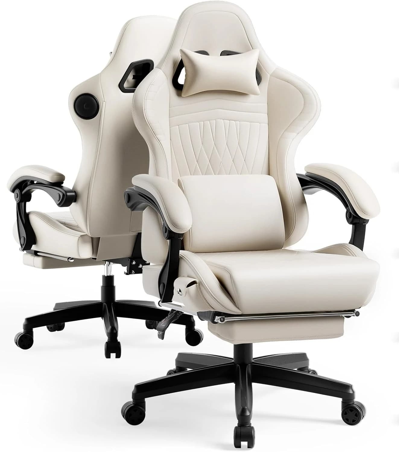 Gaming Chair with Speakers ACE-PRO, s with Footrest for Adults, Built-in Speakers, App Support &Bluetooth Control , Ivory