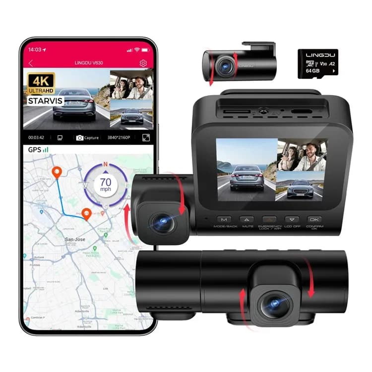 LINGDU V630 4K 2.4'' Screen Wifi 6 GPS Dashcam 3 Channel 4K+1080P+1080P EN Voice Control Driving Vieio Recording Car Dash Cam