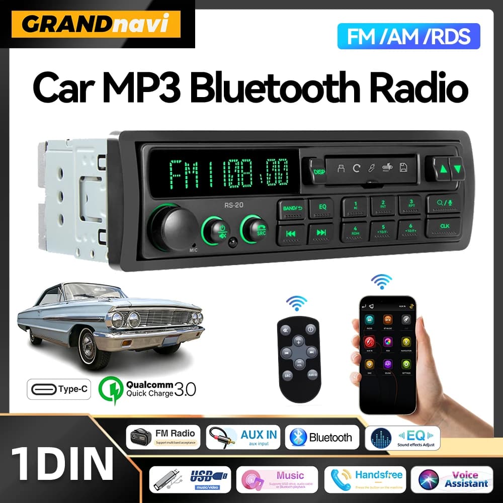 1DIN Retro Car Radio MP3 Player Stereo FM AM RDS DAB Receiver QC3.0 Bluetooth For Porsche VW Mercedes Benz BMW Land Rover Audi
