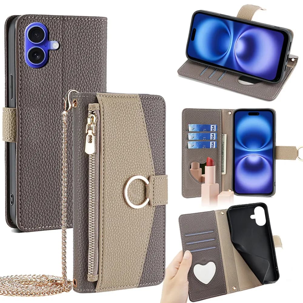 Business Crossbody Phone Case for iPhone 17 Pro Max iPhone 17 Air 16E Flip Cover Zipper Wallet Case Metal Chain Shoulder Strap