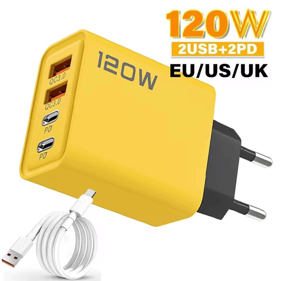120W 4 Port USB C Charger Type C Fast Charging Phone Charger Power Adapter For iPhone Samsung Xiaomi EU/US/UK Plug Wall Charger