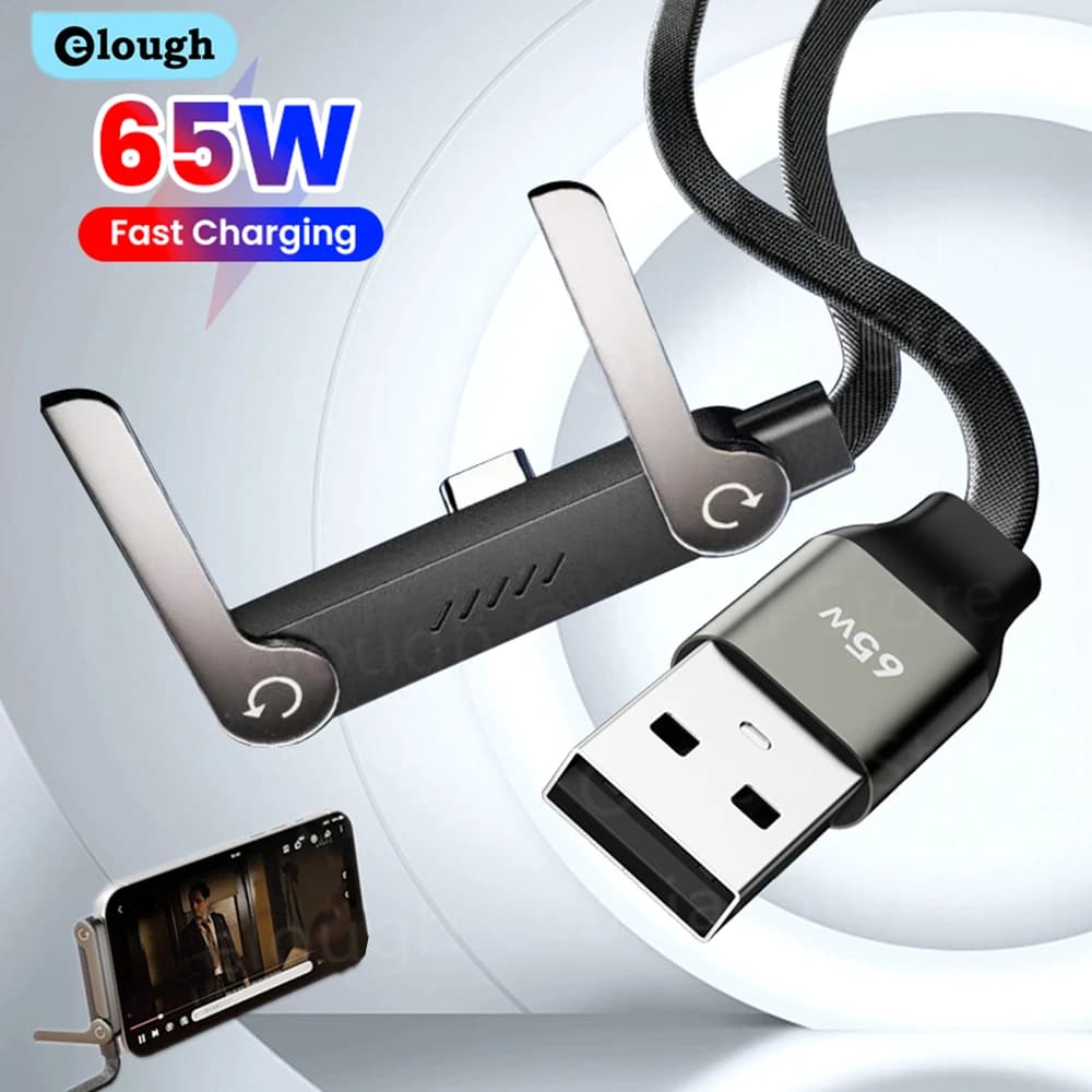 65W 2 in 1 USB A To USB C Fast Charging Foldable Phone Holder Data Cable USB Type C Builtin Desk Bracket Wire For Huawei Oneplus