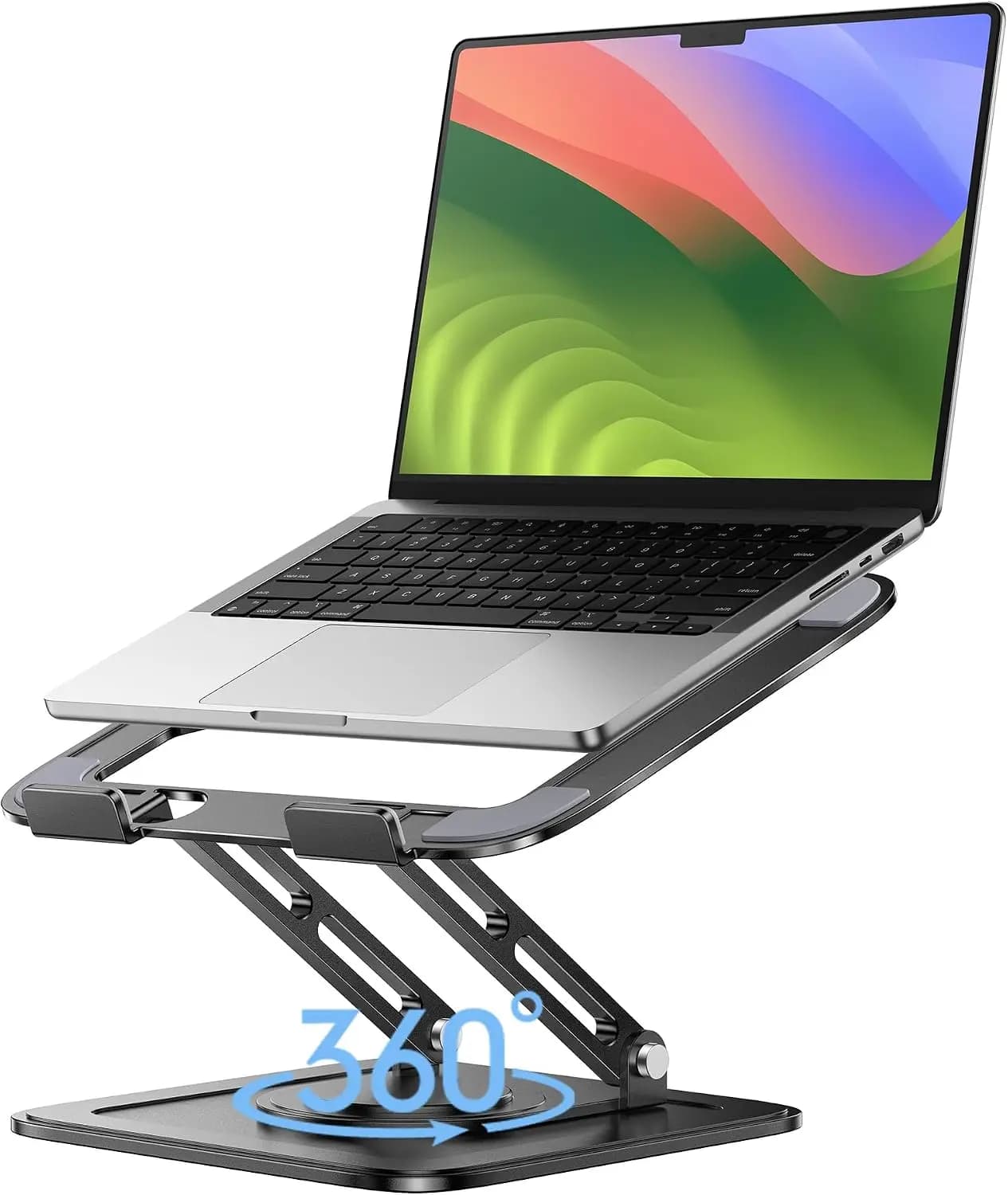 Adjustable Laptop Stand with 360° Rotating Base, Ergonomic Foldable Riser for Desk, Compatible with 10-16" Laptops - Black