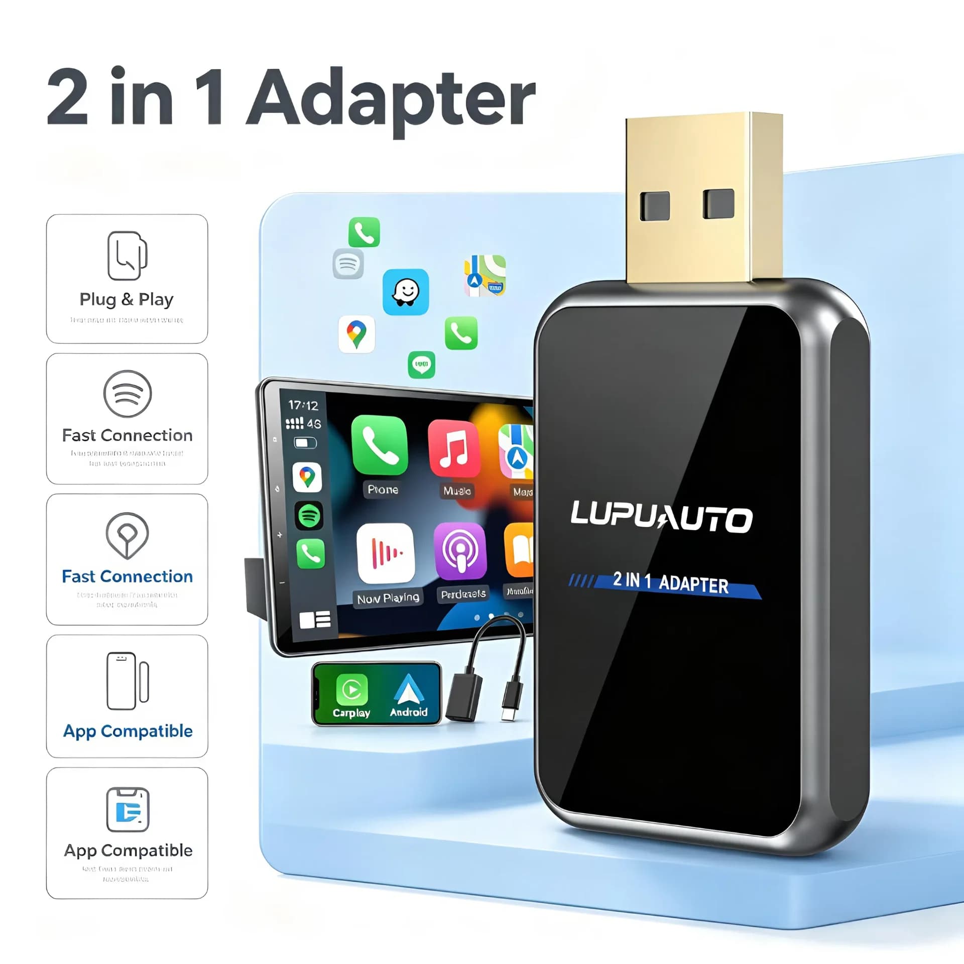 2 in 1 Wired to Wireless CarPlay Android Auto Adapter for OEM Car Stereo With USB Dongle Mini Box Plug and Play Bluetooth
