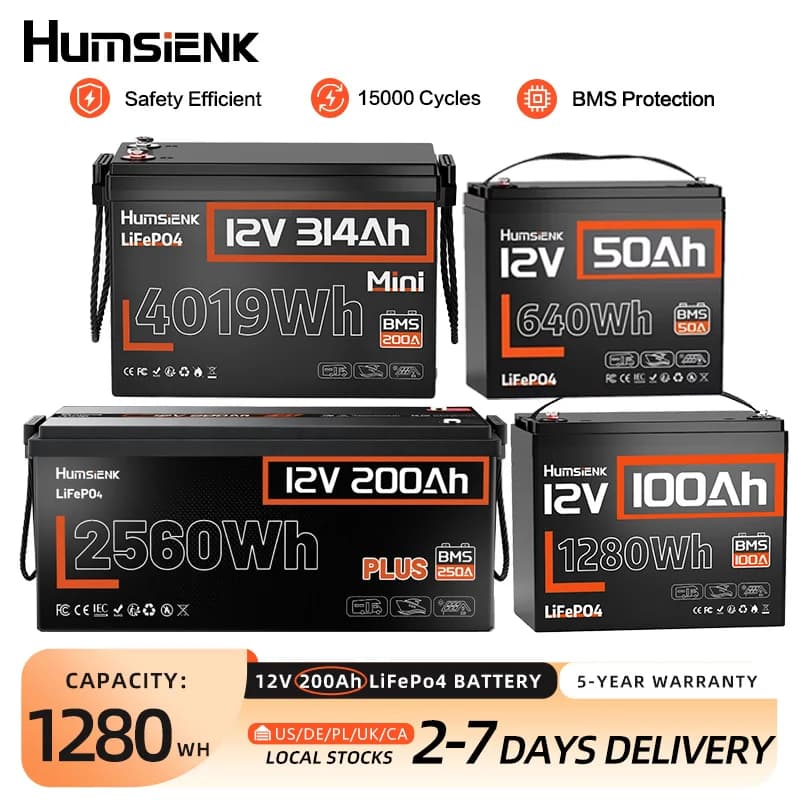 Humsienk 12V 100Ah 150Ah 200Ah 314Ah LiFePO4 Battery Built-in BMS Low Temperature Protection For  RV/ Camp/ Solar Energy Storage