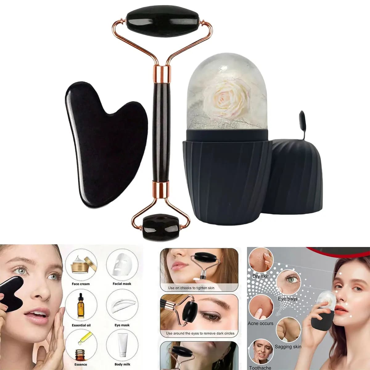 Ice Face Roller Set 1/2/3pcs Facial Roller Gua Sha Mold Cube Face Massage Lifting Contouring Skin Care Tool