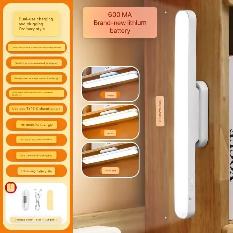 HOMEFISH LED Desk Lamp Magnetic Hanging Night Light USB Rechargeable Table Lamp 3 Colors Reading Light For Cabinet Closet