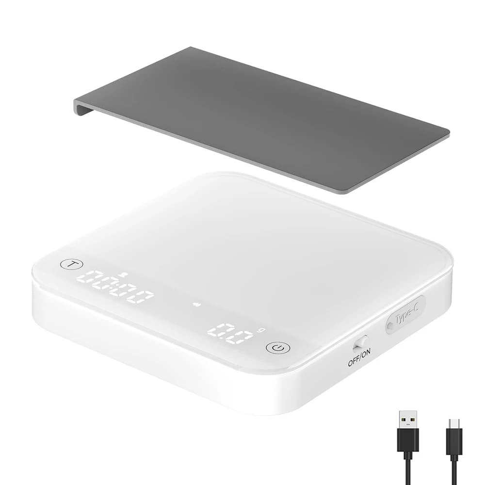 Portable Coffee Scale 0.1g Precision 0.3g-2000g, Flow Rate & Ratio Modes, 7H Battery Type-C, Tempered Glass, White & Black