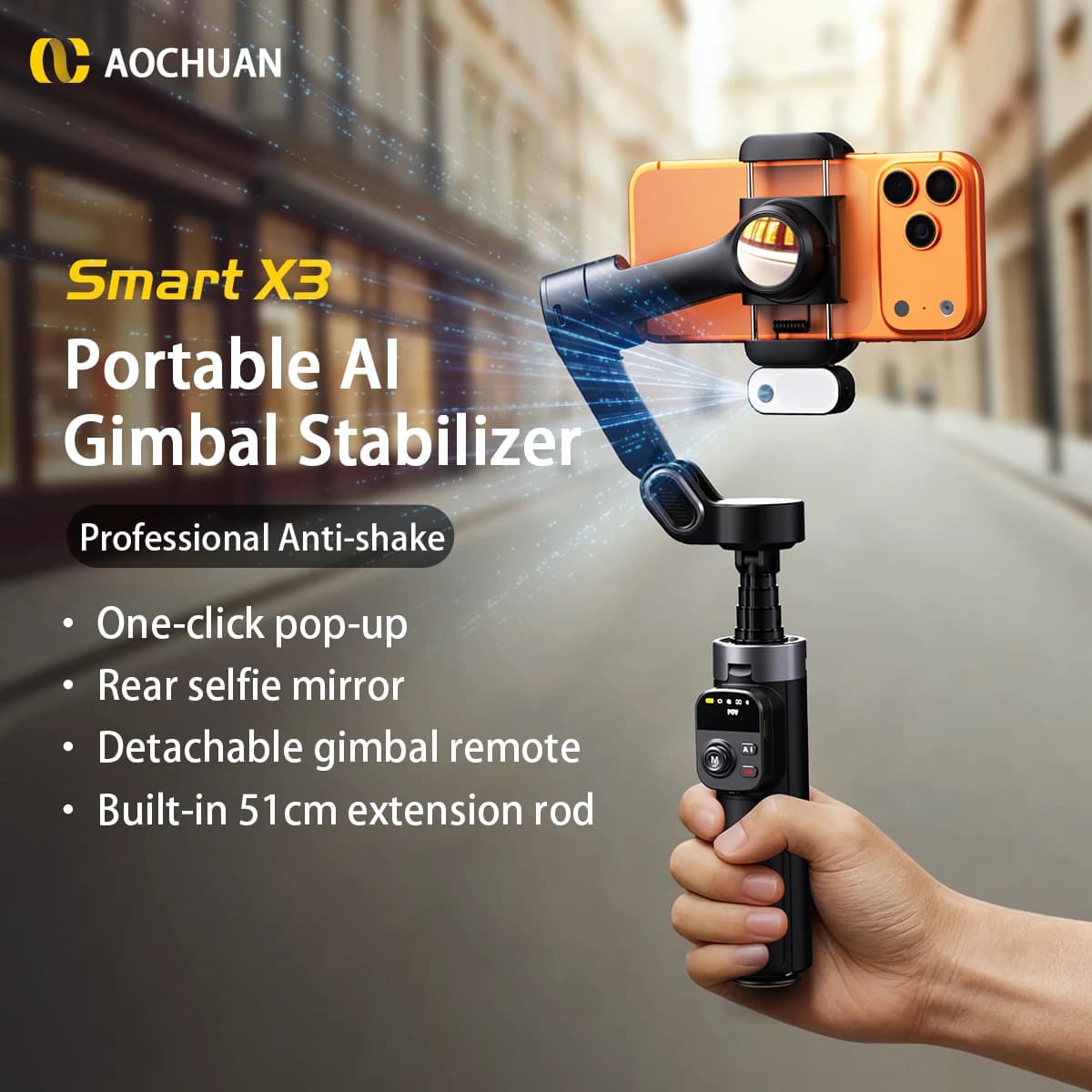 AOCHUAN Handheld Gimbal Stabilizer Smart X3 AI Tracking Built-in 51CM Extension Rod for iPhone 17 16 15 Android Vlog Shooting