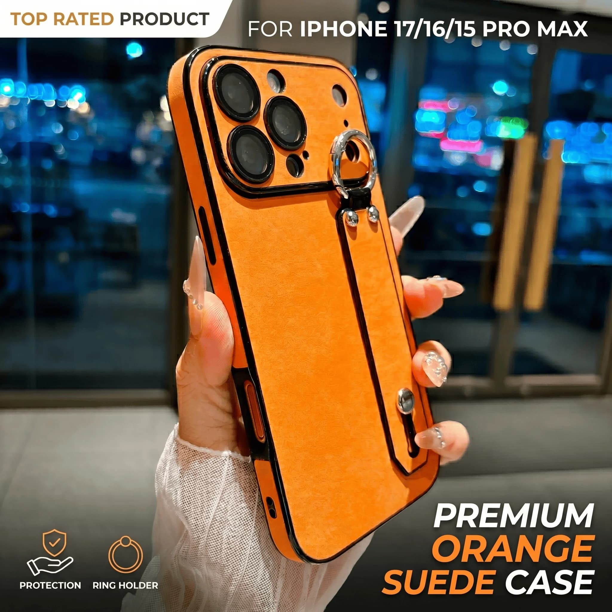 Suede Leather Wrist Strap Holder Phone Case for iPhone 17 16 15 14 13 Plus Pro Max Large Window Camera Protection Bumper Cover