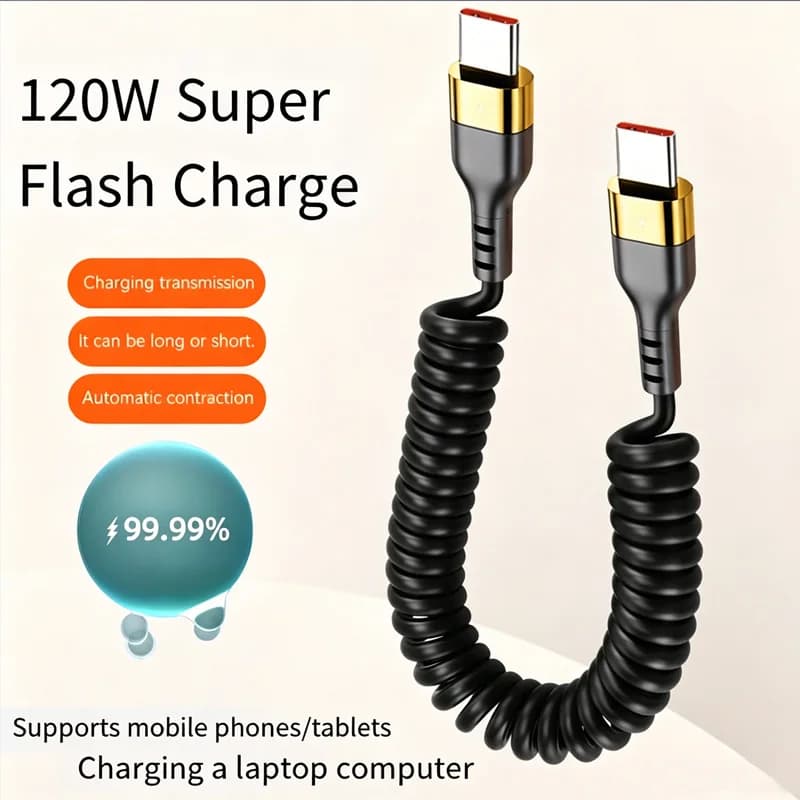 Retractable 120W PD Fast Charging USB-C To USB-C Spring Cable,Compatible with IPhone 16/17,Xiaomi & Samsung Quick Charge Devices