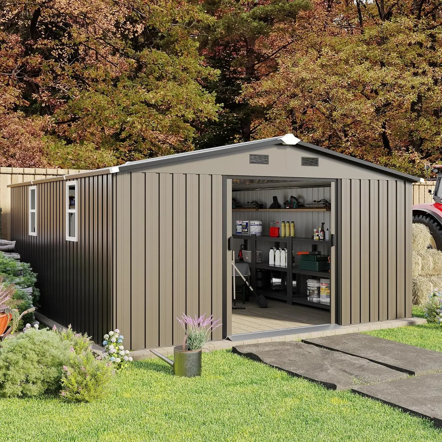 10x12 FT Outdoor Storage Shed, Large Metal Garden Shed with 2 Windows, Outside Tool Sheds with Lockable Sliding Doors,, Custom