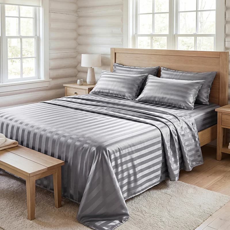 Wrinkle Resistant Striped Satin Bed Sheet Set, Cooling Silky Bedding Set with Deep Pocket Fitted Sheet, Flat Sheet & Pillowcase