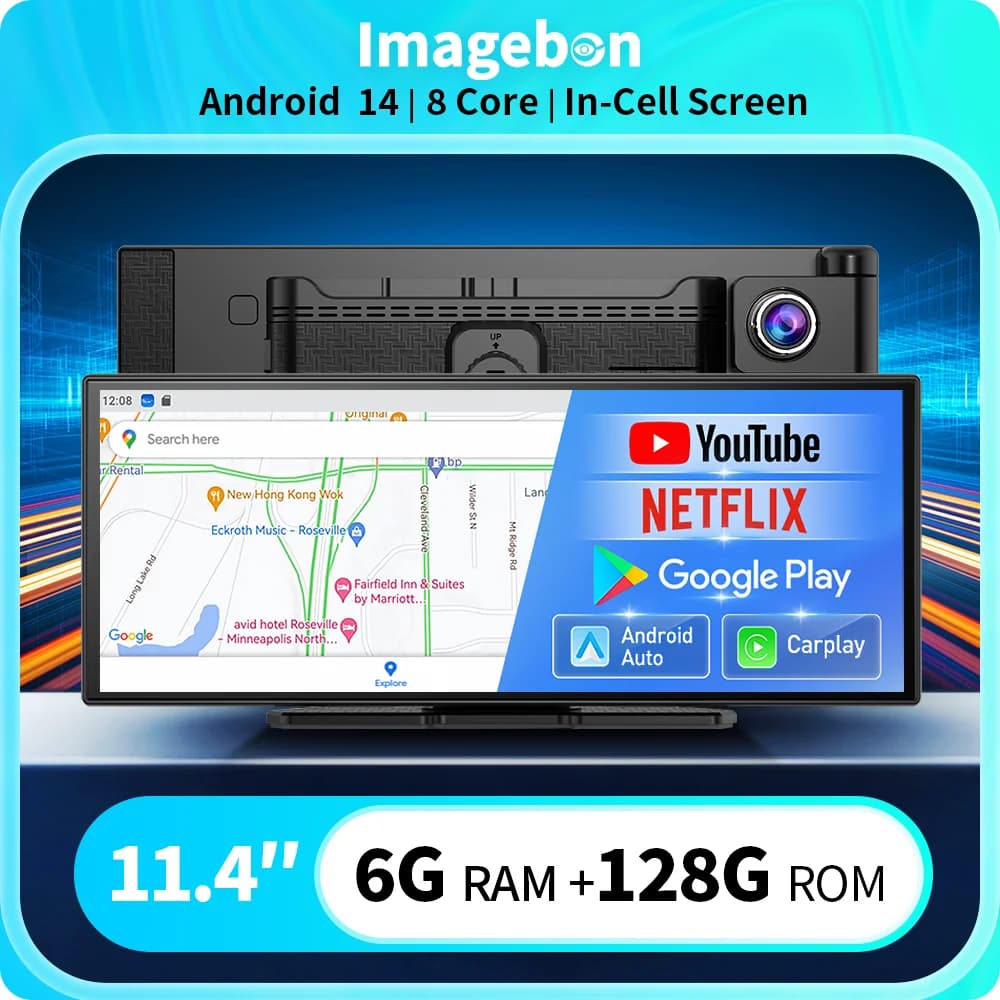 Imagebon 11.4" Android 14 Dashcam 8 Core In-Cell Screen with Wireless CarPlay & Android Auto Youtube Netflix Google Play Car DVR