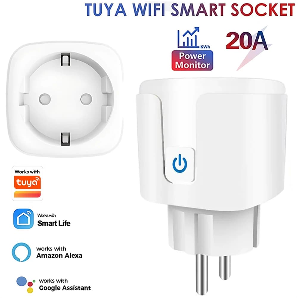 Works with Tuya Smart Life App Wifi Plug 20A Smart Socket EU Power Monitor Remote Control Outlet Works with Alexa Google Home