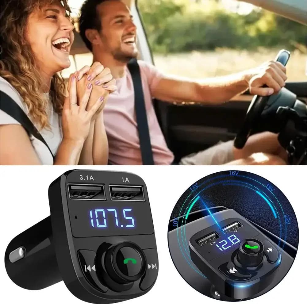 Car Charger with Wireless Bluetooth FM Transmitter - Dual USB Ports, Hands-Free Calling & MP3 Music Stereo
