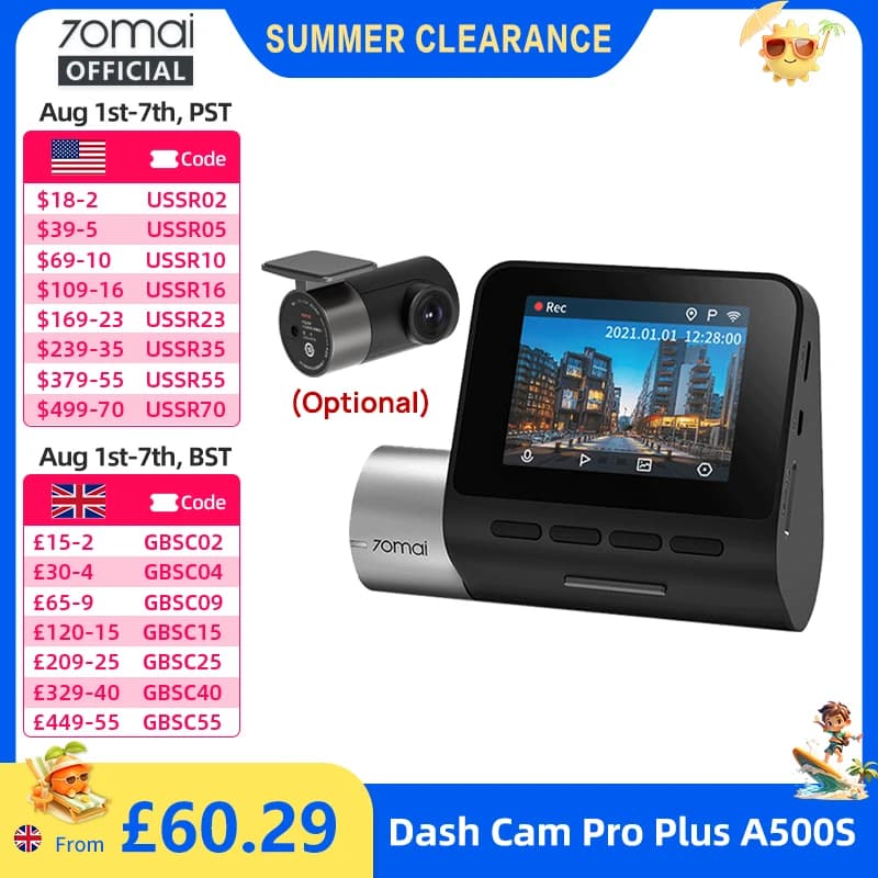 70mai Dash Cam Pro Plus A500S 1944P ADAS GPS Camera 70mai Front Cam A500S 140FOV Car DVR 24H Parking Support Rear Interior Cam