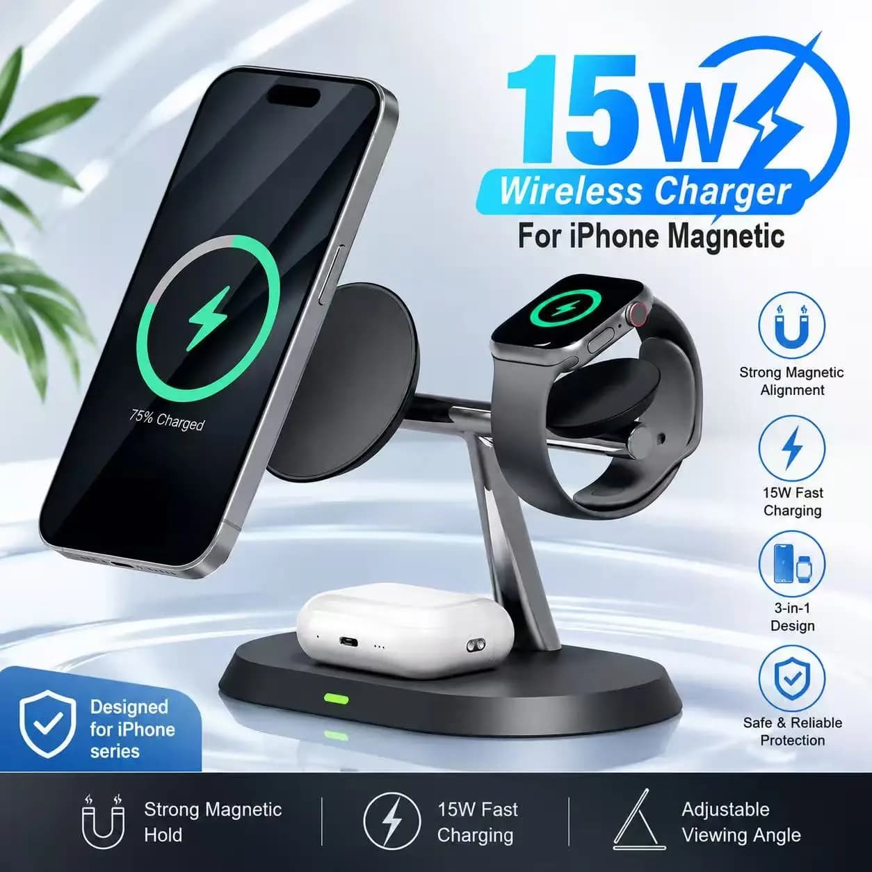 3 in 1 Magnetic Wireless Charger Stand for Magsafe iPhone 16/15/14/13/12 Apple Watch 8/7 & Airpods pro Fast Charging Station