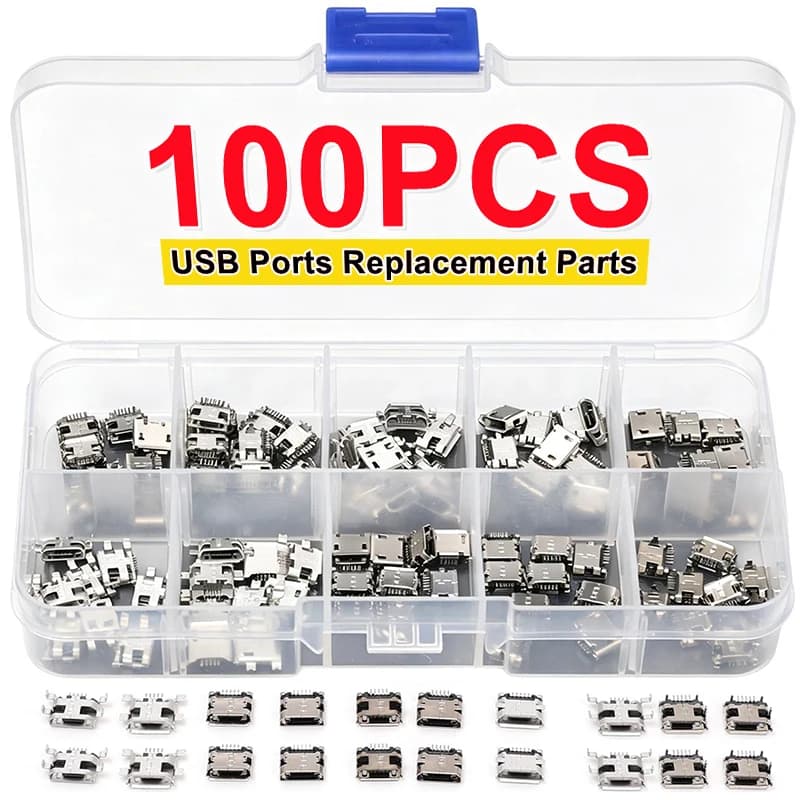 100PCS/Pack 10 Types Female 5PIN DIP Type C Micro USB SMT USB Connectors Jack Tail Sockect Plug Terminals For Diy repair MP3/4/5