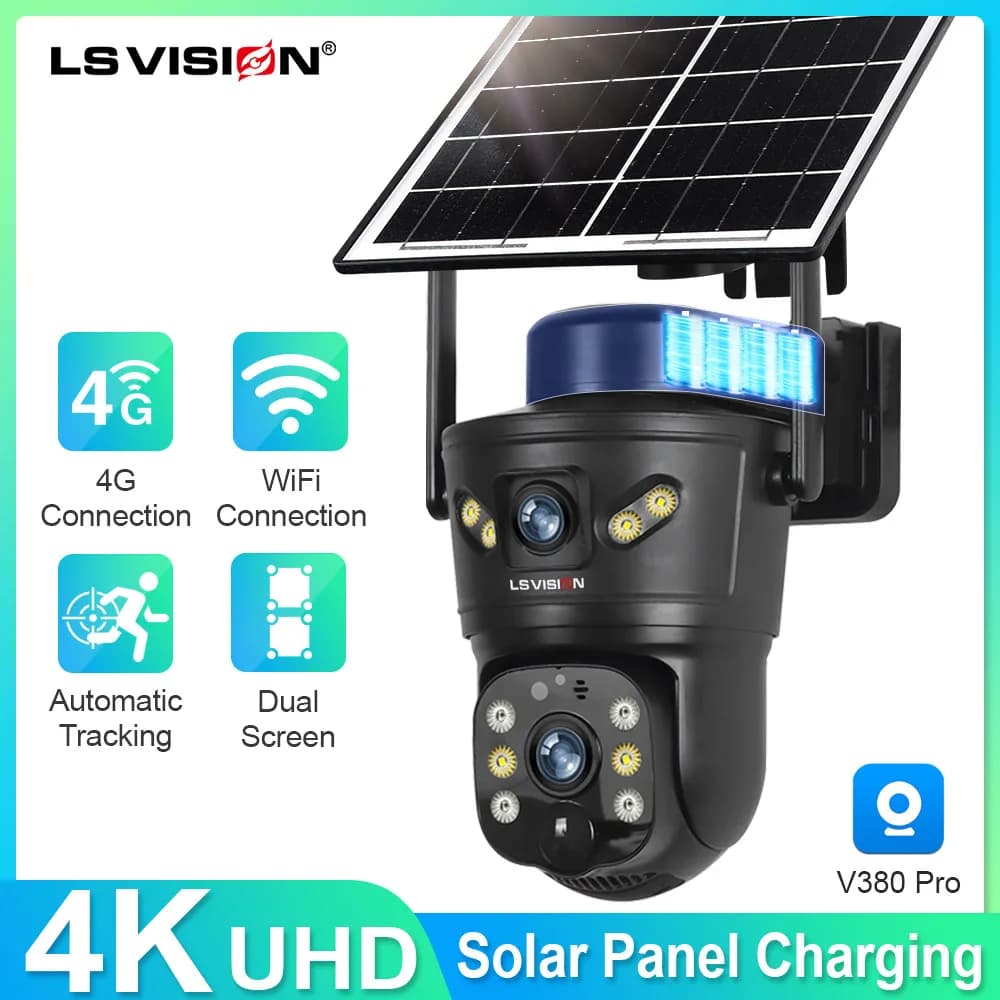 LS VISION 4G /WIFI Outdoor Solar Camera 8MP Dual Lens PIR Sim Card Built in Night Vision Waterproof Security Camera Battery CCTV