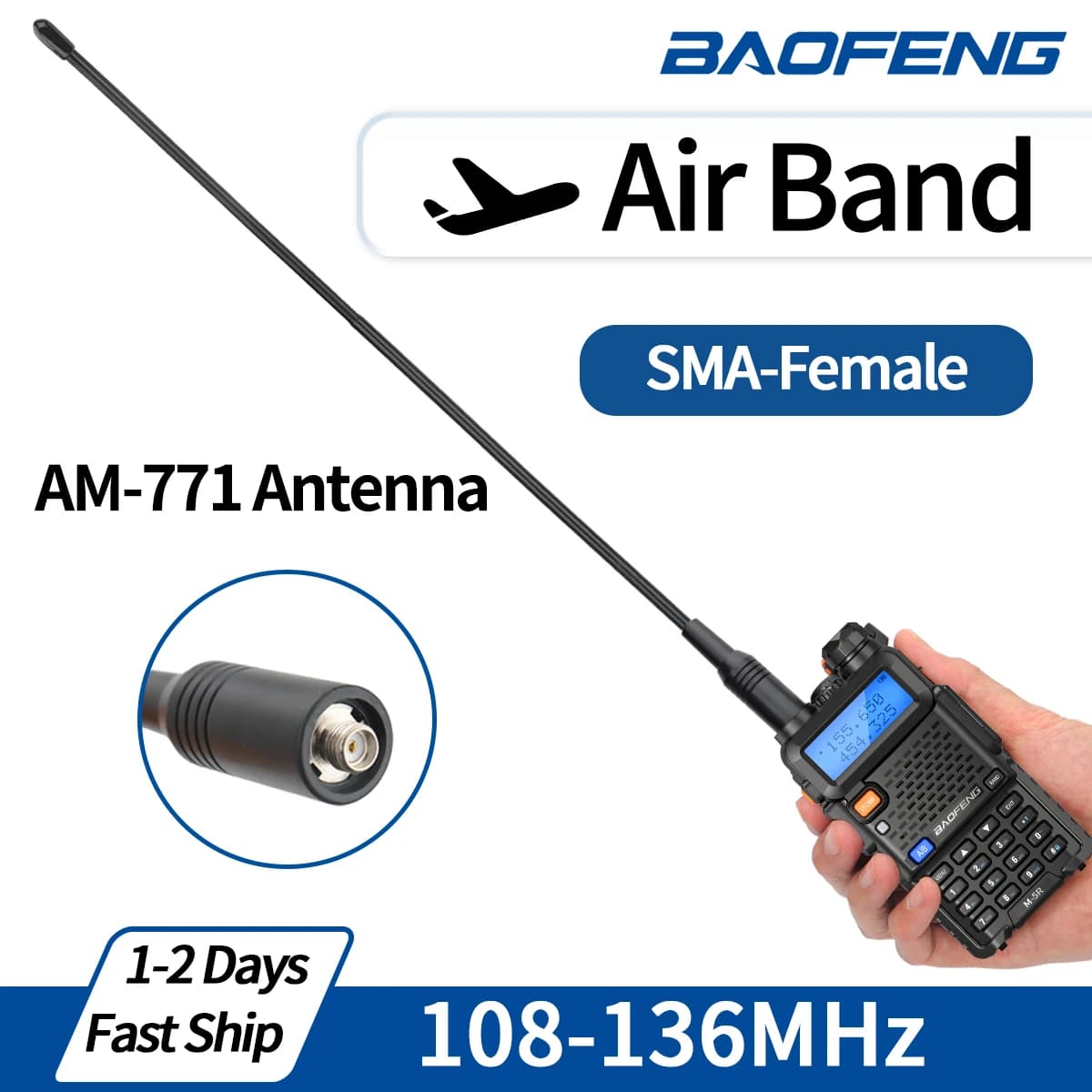 AM-771 Air Band SMA-Female Antenna 108-136MHz for Quansheng UV K5 (8) K6 Baofeng UV 5RH 21 PRO V2 UV-98 Walkie Talkie Ham Radio