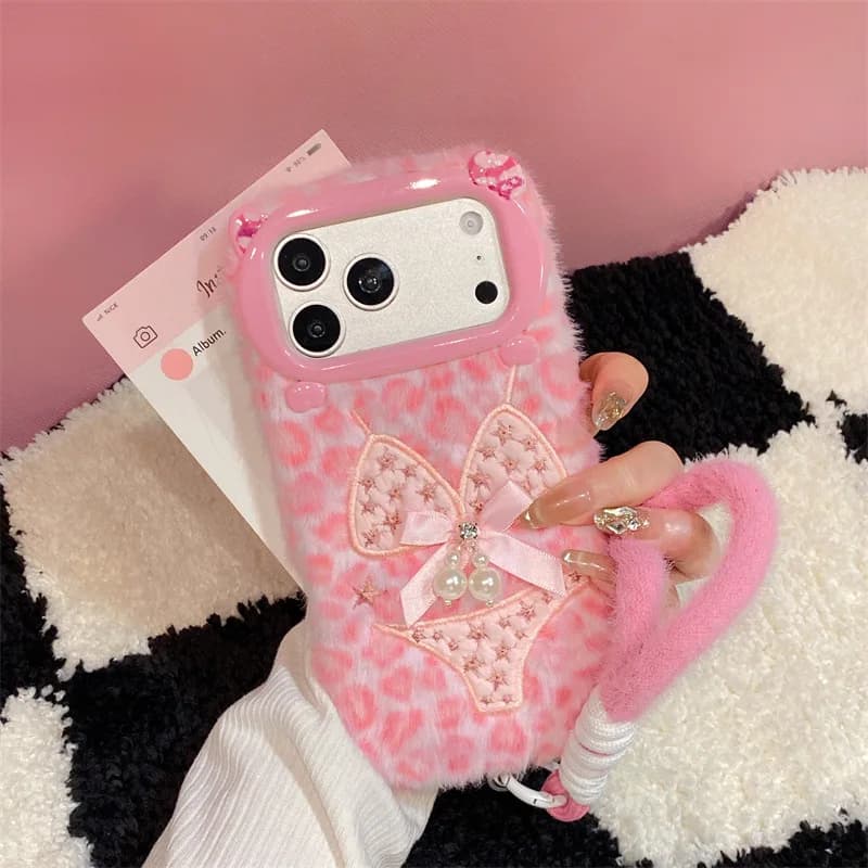 Luxury Leopard Print Bikini Pattern Plush Phone Case For iPhone 17 Air 16 15 14 13 12 11 Pro Max With Lanyard Shockproof Cover