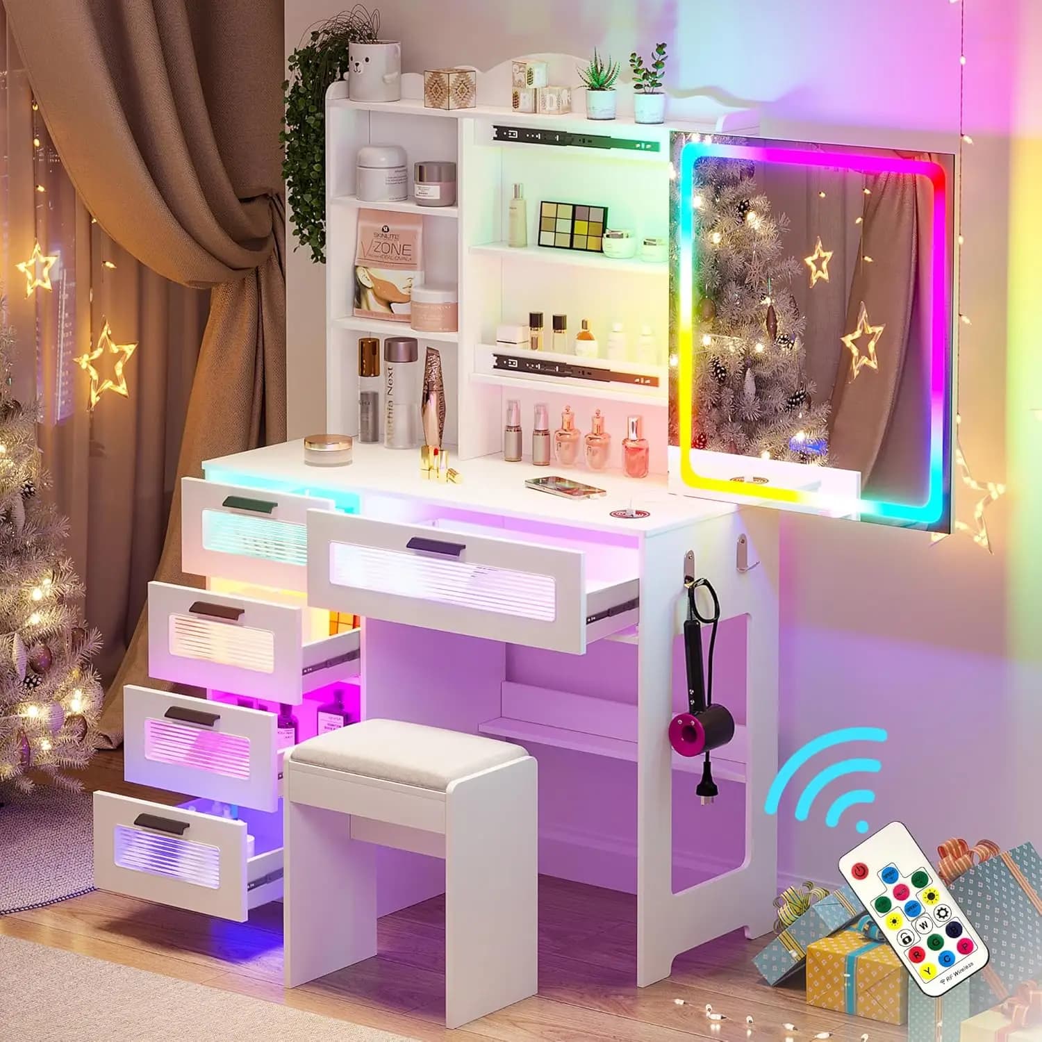 Bedroom White Vanity Set with LED Mirror, RGB Light & Jewelry Organizer