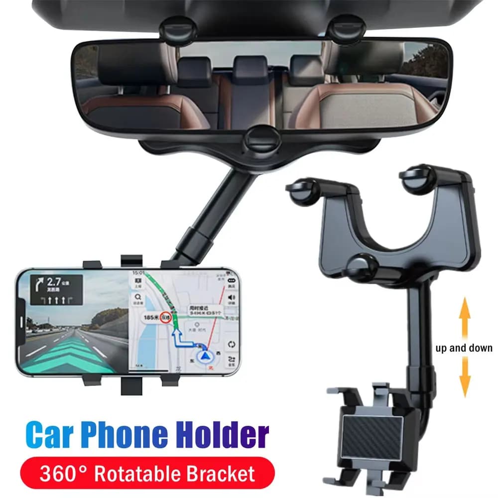 Adjustable Car Rearview Mirror Phone Holder 360° Retractable Cell Phone Holder Clip Phone GPS Support Mobile Phone Mount Stand