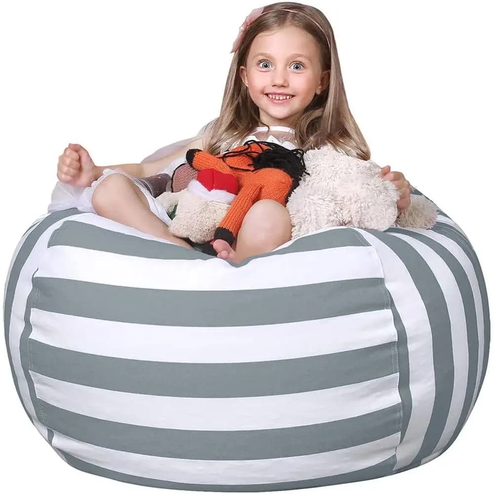 Animal Storage Bean Bag Chair Cover Kids | Zipper Bag Organizing Children Plush Toys Large Premium Cotton Canvas Grey X-Large