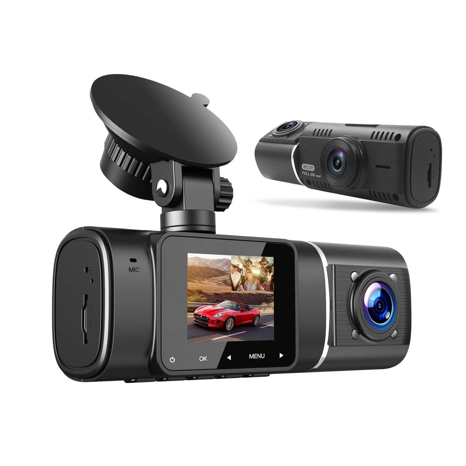 Car Dual Dash Cam Front and Inside 1080P with G-Sensor WDR Night Vision Waterproof Features