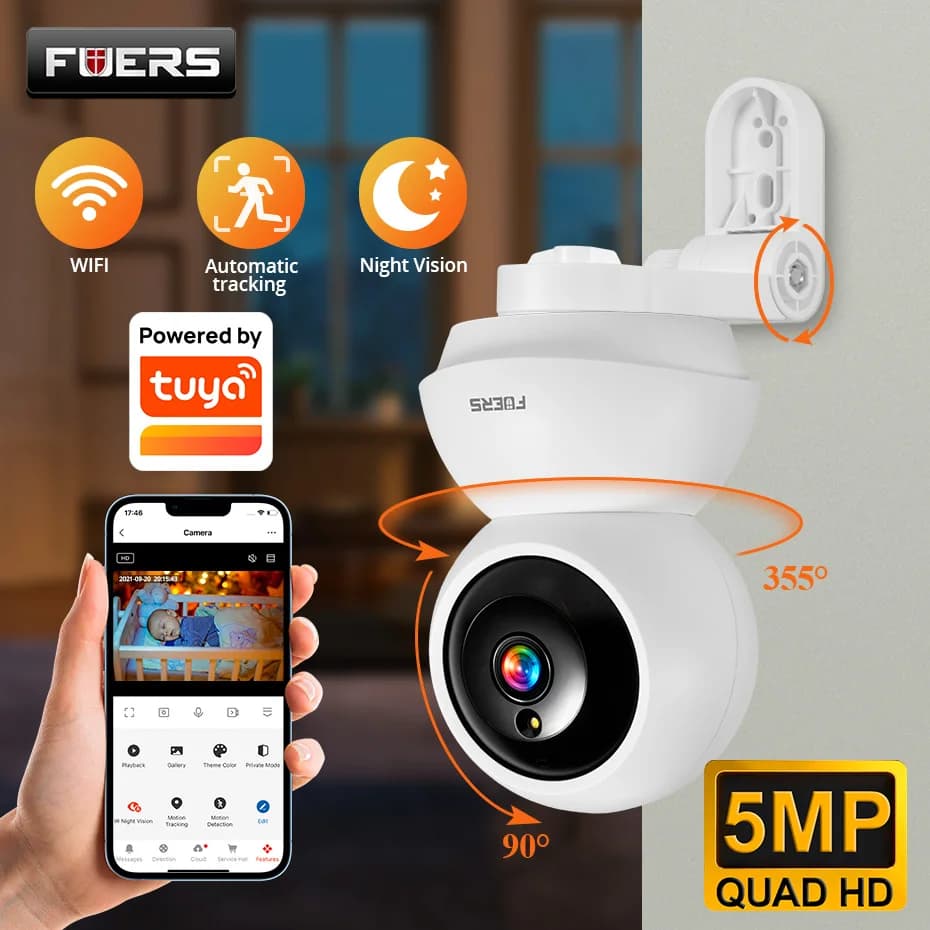 FUERS 4K 8MP WiFi IP Camera With Adjustable Bracket Tuya Smart Home Security Wireless Surveillance Camera Baby Monitor Mini Cam