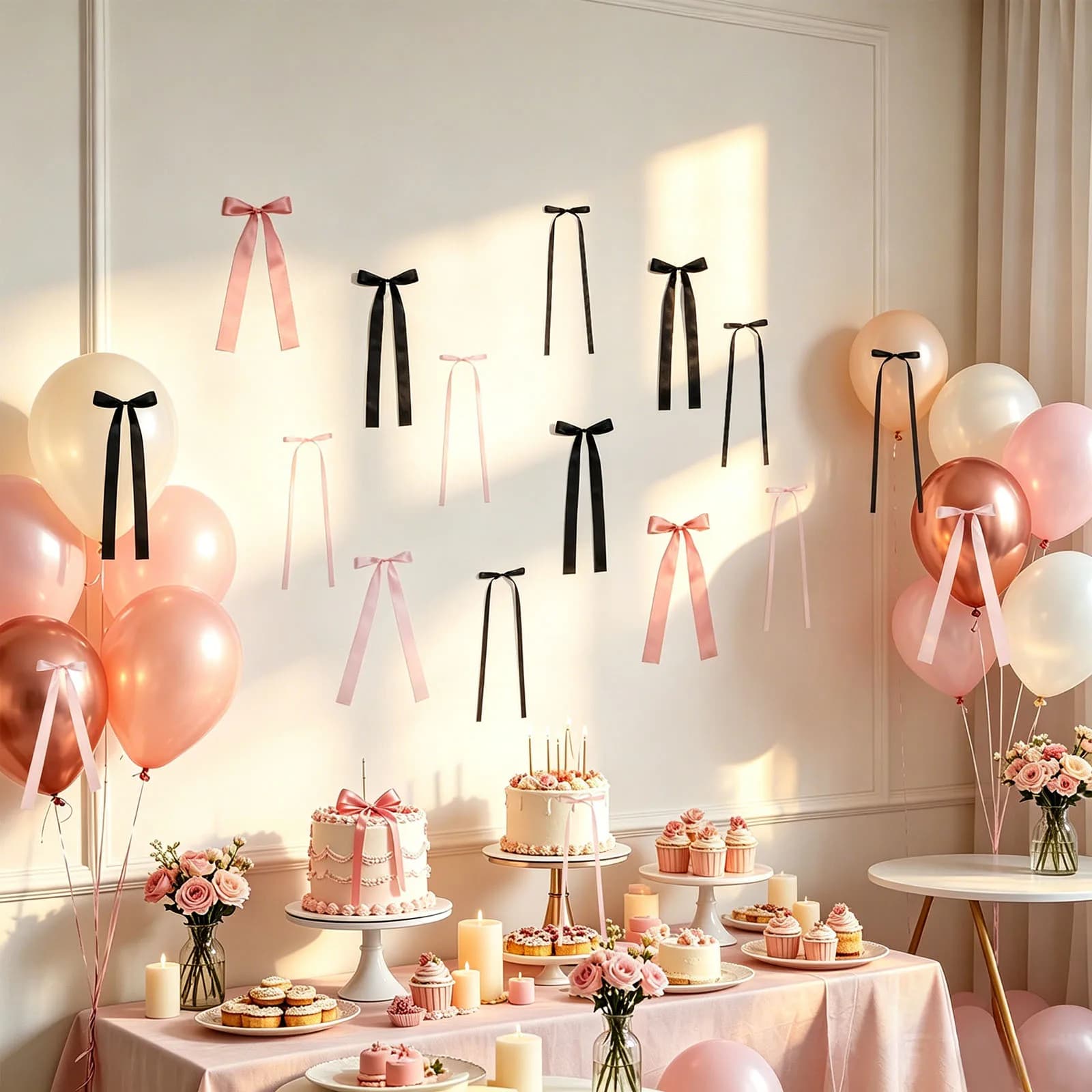 50Pcs Bow Wall Decoration Set Easy Install Reusable Pink Black Bowknot Party Decor with Pin and Adhesive Dot for Party Backdrop