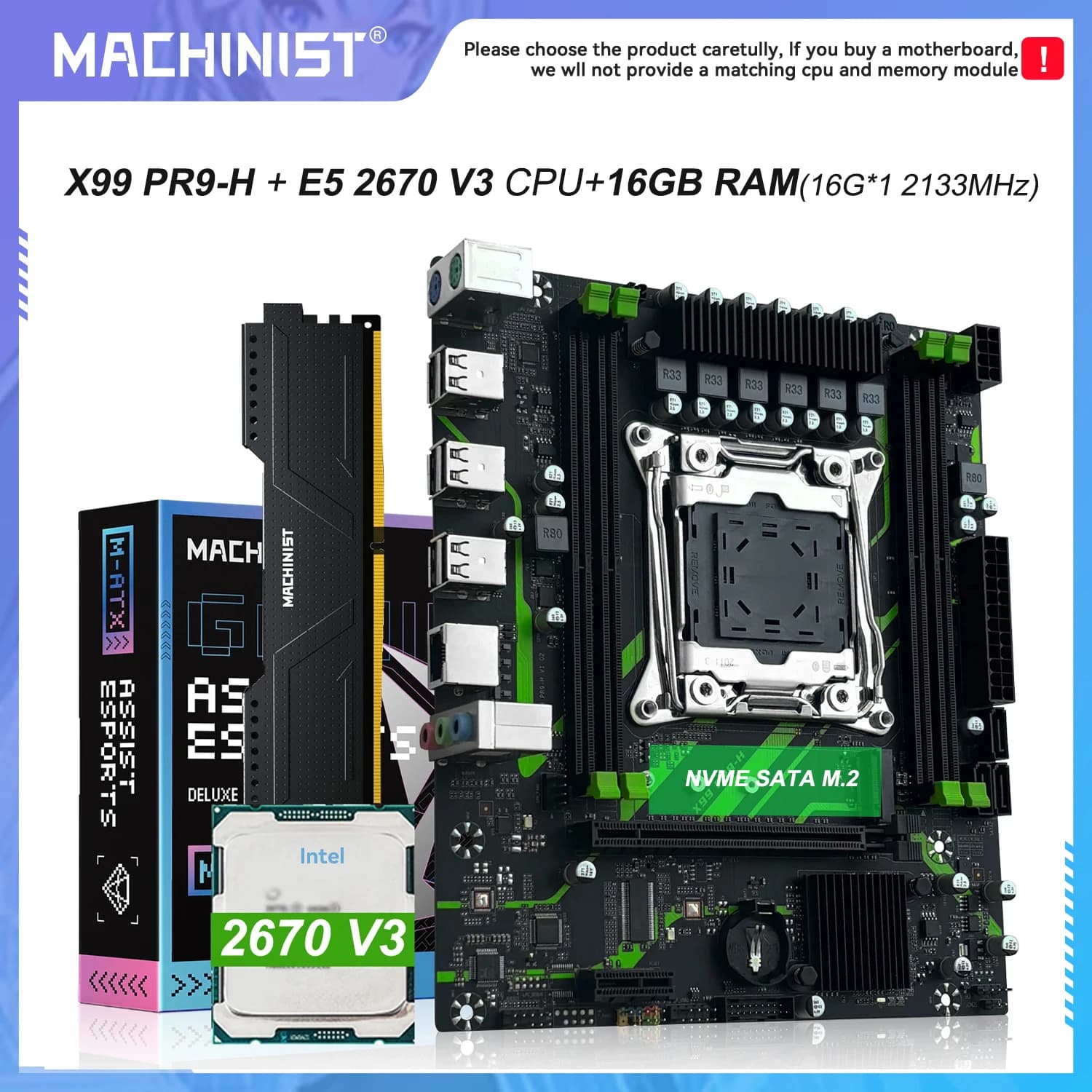 PR9-H MACHINIST X99 Motherboard LGA 2011-3 Set Combo Optional Xeon E5 2670 V3 CPU Processor 16G DDR4 ECC RAM Memory NAME M.2