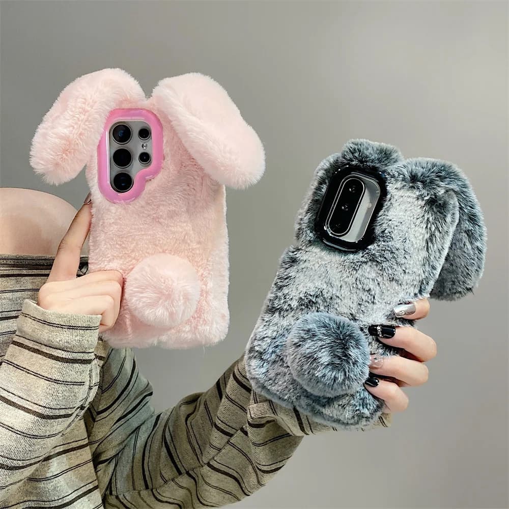 Cute Rabbit Ears Fluffy Stand Phone Case for Samsung Galaxy S25 Ultra/S24 Plus/S23/A56/A36/A35/A17 Plush Camera Protection Cover