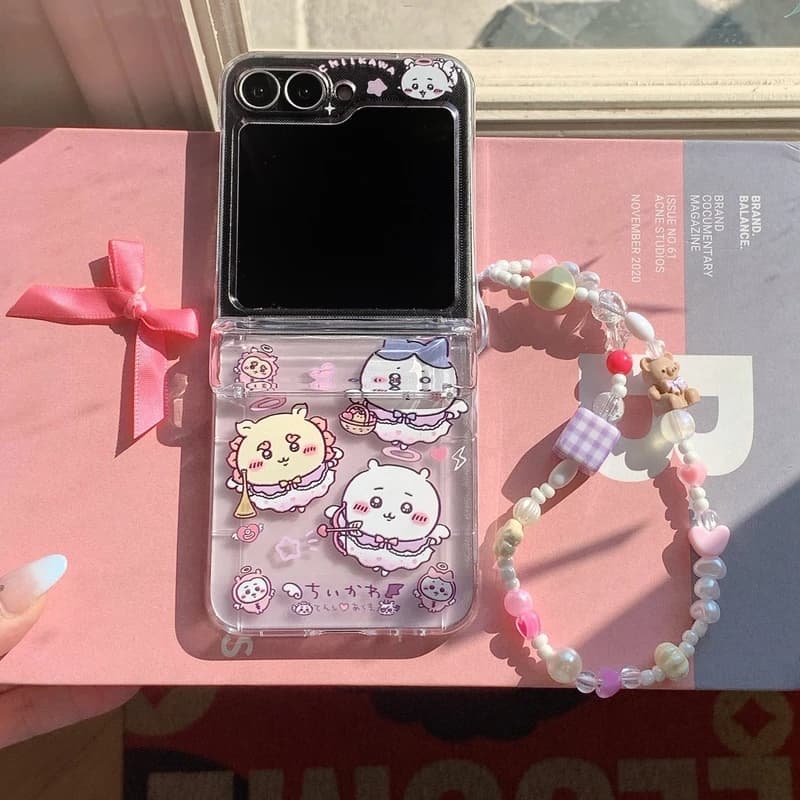 Cute Cartoon Anime Chiikawa Usagi Hachiware Card Wallet Pocket Phone Case For Samsung Galaxy Z Flip 7 6 5 4 3 Cover With Lanyard