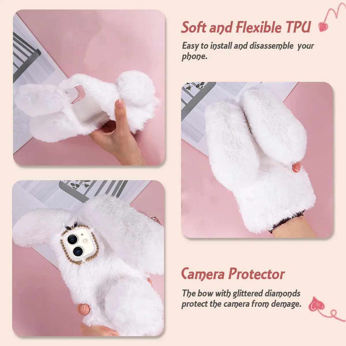 White 6.1 Inch Adorable Rabbit Design Sparkly Rhinestone Phone Case Soft Touch Luxury Fashion Gift for 11 Phone
