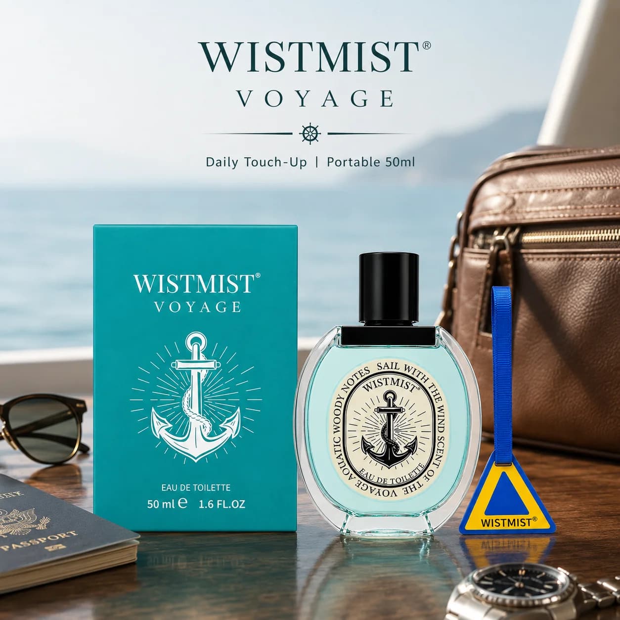 WISTMIST VOYAGE Men Eau De Toilette 50ml Fresh Green Aquatic Woody Scent Portable Marine Cologne Spray Dual Use Skin & Closet Car With Free Diffusion Card Daily Travel Perfume For Men