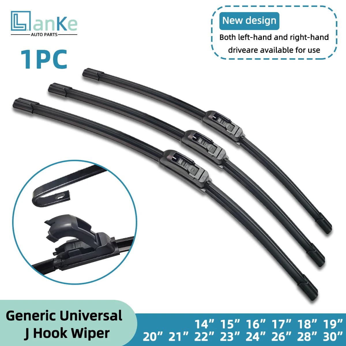 Lanke 1PC Frameless Car Windshield Wiper Blade Fit J/U Hook Universal Front Wiper Blade Rubber 14" to 32" Auto Accessories