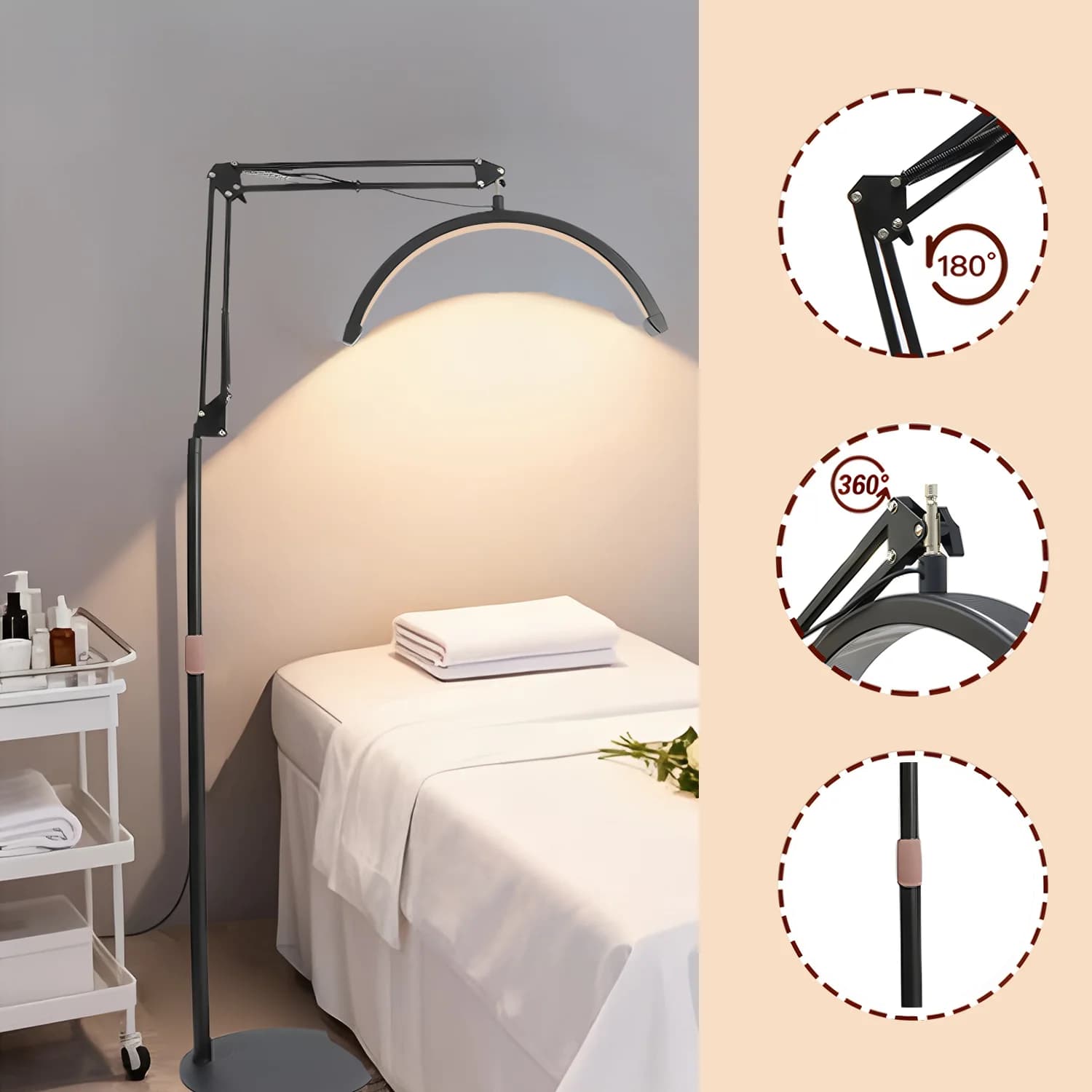 16 INCH LED Half Moon Lash Light Temperature 3000K-6000K Floor LED Ring Lamp for Beauty Facials Skincare Tattoo Eyebrows Filming