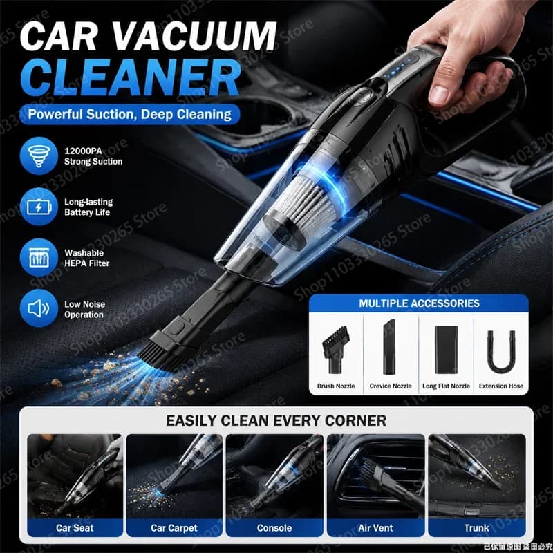 Portable Cordless Car Vacuum Cleaner 12000PA Strong Suction Low Noise HEPA Filter Handheld Auto Cleaning Tool Kit