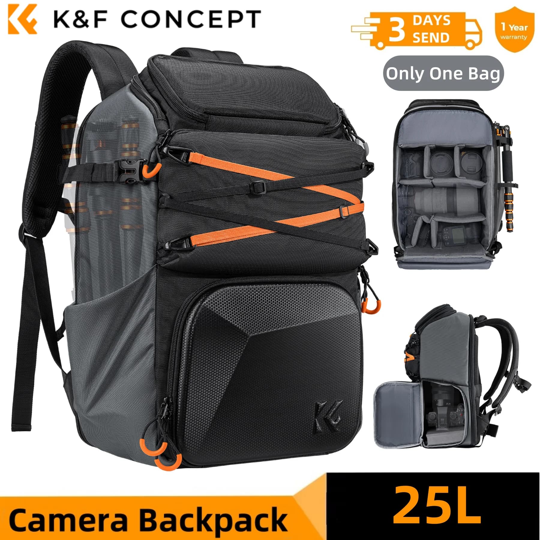 K&F CONCEPT 25L Outdoor Camera Backpack Bag for Canon Sony DJI DSLR/SLR Laptop Travel Camera Bag with Tripod Strap and Raincover