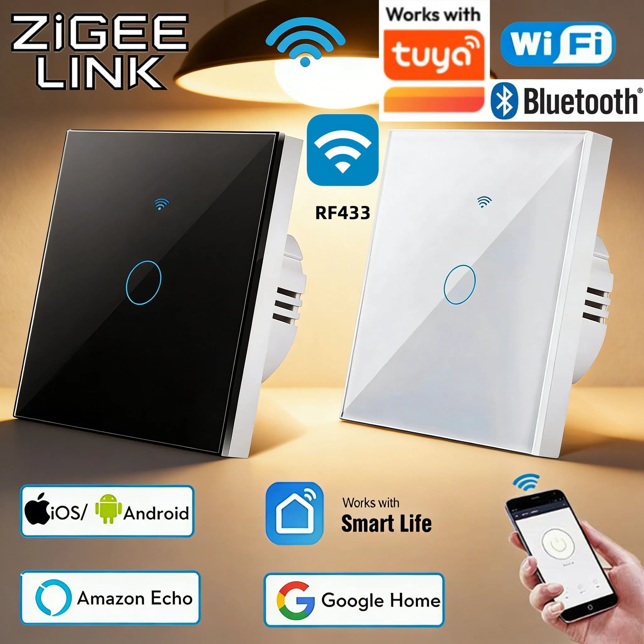 For TUYA Smart Switch Wifi RF433 White Touch Wall Switch EU Standard Timing No Neutral Wire Needed Alexa Google Home App Control